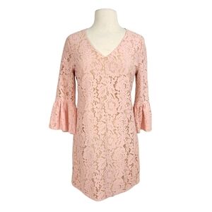 Julie Brown Pastel Pink Lace Bell Sleeve Sheath Dress